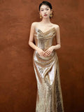 Classy Mermaid Sweetheart Sequin Gold Long Prom Dresses Formal Gown Summer Wedding Guest Dress Wedding Outfits For Guest HZ1214