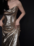 Modest Mermaid Strapless Champagne Sequins Formal Gown 20th Birthday Dress Prom Dresses Backless 18th Birthday Outfits HZ1214