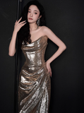 Modest Mermaid Strapless Champagne Sequins Formal Gown 20th Birthday Dress Prom Dresses Backless 18th Birthday Outfits HZ1214