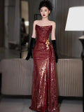 Classy Mermaid Strapless Burgundy Sequin Slit Long Formal Gown Summer Wedding Guest Dress Bridal Guest Dresses Wedding Outfits For Guest HZ1214