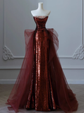 Modest Mermaid Strapless Burgundy Sequins Formal Gown 20th Birthday Dress Prom Dresses 18th Birthday Outfits HZ1214