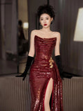 Classy Mermaid Strapless Burgundy Sequin Slit Long Formal Gown Summer Wedding Guest Dress Bridal Guest Dresses Wedding Outfits For Guest HZ1214