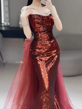 Modest Mermaid Strapless Burgundy Sequins Formal Gown 20th Birthday Dress Prom Dresses 18th Birthday Outfits HZ1214