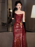 Classy Mermaid Strapless Burgundy Sequin Slit Long Formal Gown Summer Wedding Guest Dress Bridal Guest Dresses Wedding Outfits For Guest HZ1214