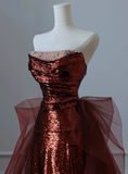 Modest Mermaid Strapless Burgundy Sequins Formal Gown 20th Birthday Dress Prom Dresses 18th Birthday Outfits HZ1214