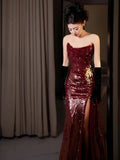 Classy Mermaid Strapless Burgundy Sequin Slit Long Formal Gown Summer Wedding Guest Dress Bridal Guest Dresses Wedding Outfits For Guest HZ1214