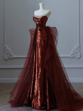 Modest Mermaid Strapless Burgundy Sequins Formal Gown 20th Birthday Dress Prom Dresses 18th Birthday Outfits HZ1214