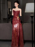 Classy Mermaid Strapless Burgundy Sequin Slit Long Formal Gown Summer Wedding Guest Dress Bridal Guest Dresses Wedding Outfits For Guest HZ1214