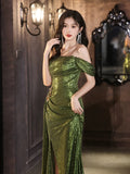 Classy Sheath Off The Shoulder Sequin Green Slit Long Formal Gown Summer Wedding Guest Dress Bridal Guest Dresses Wedding Outfits For Guest HZ1214