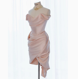 Sexy Sheath Off The Shoulder Pink Satin Short Homecoming Dresses Summer Hoco Dresses Cocktail Dress Birthday Outfits HZ1214