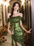 Classy Sheath Off The Shoulder Sequin Green Slit Long Formal Gown Summer Wedding Guest Dress Bridal Guest Dresses Wedding Outfits For Guest HZ1214