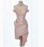 Sexy Sheath Off The Shoulder Pink Satin Short Homecoming Dresses Summer Hoco Dresses Cocktail Dress Birthday Outfits HZ1214