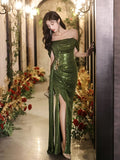 Classy Sheath Off The Shoulder Sequin Green Slit Long Formal Gown Summer Wedding Guest Dress Bridal Guest Dresses Wedding Outfits For Guest HZ1214