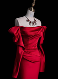 Classy Sheath Off The Shoulder Red Satin Long Prom Dresses Formal Gown Summer Wedding Guest Dresses Wedding Guest Outfit HZ1214