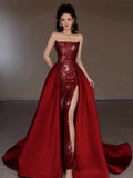Classy Mermaid Strapless Burgundy Sequin Slit Long Prom Gown Summer Wedding Guest Dress Bridal Guest Dresses Wedding Outfits For Guest HZ1214