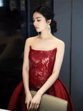 Classy Mermaid Strapless Burgundy Sequin Slit Long Prom Gown Summer Wedding Guest Dress Bridal Guest Dresses Wedding Outfits For Guest HZ1214