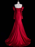 Classy Sheath Off The Shoulder Red Satin Long Prom Dresses Formal Gown Summer Wedding Guest Dresses Wedding Guest Outfit HZ1214