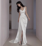 Dreamy Wedding Dress Sheath Spaghetti Straps White Satin Slit Summer Long Wedding Dresses Bridal Gowns HZ1214