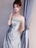 Classy Mermaid Strapless Silver Sequin Long Prom Gown Summer Wedding Guest Dress Bridal Guest Dresses Wedding Outfits For Guest HZ1214