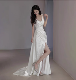 Dreamy Wedding Dress Sheath Spaghetti Straps White Satin Slit Summer Long Wedding Dresses Bridal Gowns HZ1214