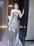 Classy Mermaid Strapless Silver Sequin Long Prom Gown Summer Wedding Guest Dress Bridal Guest Dresses Wedding Outfits For Guest HZ1214