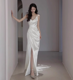 Dreamy Wedding Dress Sheath Spaghetti Straps White Satin Slit Summer Long Wedding Dresses Bridal Gowns HZ1214
