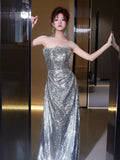 Classy Mermaid Strapless Silver Sequin Long Prom Gown Summer Wedding Guest Dress Bridal Guest Dresses Wedding Outfits For Guest HZ1214