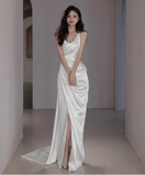 Dreamy Wedding Dress Sheath Spaghetti Straps White Satin Slit Summer Long Wedding Dresses Bridal Gowns HZ1214