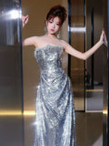 Classy Mermaid Strapless Silver Sequin Long Prom Gown Summer Wedding Guest Dress Bridal Guest Dresses Wedding Outfits For Guest HZ1214