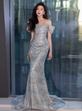 Classy Sheath Off The Shoulder Sequin Long Prom Dresses Formal Gown Summer Wedding Guest Dresses Wedding Guest Outfit HZ1214