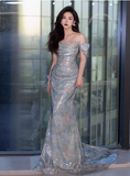 Classy Sheath Off The Shoulder Sequin Long Prom Dresses Formal Gown Summer Wedding Guest Dresses Wedding Guest Outfit HZ1214