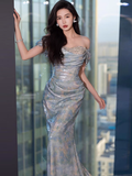 Classy Sheath Off The Shoulder Sequin Long Prom Dresses Formal Gown Summer Wedding Guest Dresses Wedding Guest Outfit HZ1214