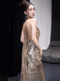 Classy Mermaid Gold Sequin Long Prom Dresses Formal Gown Summer Wedding Guest Dresses Wedding Guest Outfit HZ1214