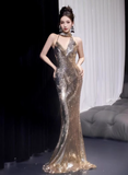 Classy Mermaid Gold Sequin Long Prom Dresses Formal Gown Summer Wedding Guest Dresses Wedding Guest Outfit HZ1214