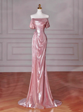 Classy Mermaid Off The Shoulder Pink Sequin Long Prom Dresses Formal Gown Summer Wedding Guest Dresses Wedding Guest Outfit HZ1214