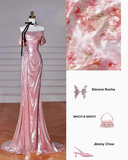 Classy Mermaid Off The Shoulder Pink Sequin Long Prom Dresses Formal Gown Summer Wedding Guest Dresses Wedding Guest Outfit HZ1214