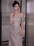 Classy Mermaid Off The Shoulder Champagne Sequin Long Prom Dresses Formal Gown Summer Wedding Guest Dresses Wedding Guest Outfit HZ1214