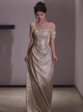 Classy Mermaid Off The Shoulder Champagne Sequin Long Prom Dresses Formal Gown Summer Wedding Guest Dresses Wedding Guest Outfit HZ1214