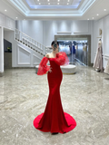 Classy Mermaid Off The Shoulder Red Long Prom Dresses Formal Gown Summer Wedding Guest Dress Wedding Outfits For Guest HZ1214