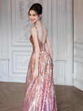 Modest A line Straps Pink Sequin Formal Gown 20th Birthday Dress Prom Dresses 18th Birthday Outfits HZ1214