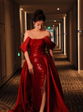 Classy Mermaid Off The Shoulder Red Sequin Long Prom Dresses Formal Gown Summer Wedding Guest Dresses Wedding Guest Outfit HZ1214