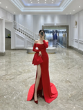 Classy Sheath Off The Shoulder Red Satin Slit Long Formal Gown Summer Wedding Guest Dress Bridal Guest Dresses Wedding Outfits For Guest HZ1214