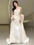 Dreamy Wedding Dress Sheath Sweetheart White Satin Summer Long Wedding Dresses Bridal Gowns HZ1214