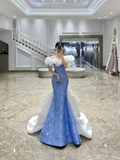 Classy Sheath Off The Shoulder Blue Satin Long Formal Evening Gown Summer Wedding Guest Dress Bridal Guest Dresses Wedding Outfits For Guest HZ1214