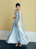 Classy A line Strapless Blue Satin Long Prom Gown Summer Wedding Guest Dress Bridal Guest Dresses Wedding Outfits For Guest HZ1214