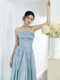 Classy A line Strapless Blue Satin Long Prom Gown Summer Wedding Guest Dress Bridal Guest Dresses Wedding Outfits For Guest HZ1214