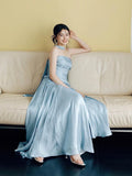 Classy A line Strapless Blue Satin Long Prom Gown Summer Wedding Guest Dress Bridal Guest Dresses Wedding Outfits For Guest HZ1214