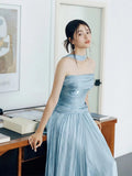 Classy A line Strapless Blue Satin Long Prom Gown Summer Wedding Guest Dress Bridal Guest Dresses Wedding Outfits For Guest HZ1214
