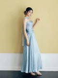 Classy A line Strapless Blue Satin Long Prom Gown Summer Wedding Guest Dress Bridal Guest Dresses Wedding Outfits For Guest HZ1214