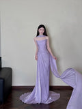 Classy Sheath Strapless Lilac Long Prom Gown Summer Wedding Guest Dress Bridal Guest Dresses Wedding Outfits For Guest With Scarf HZ1214